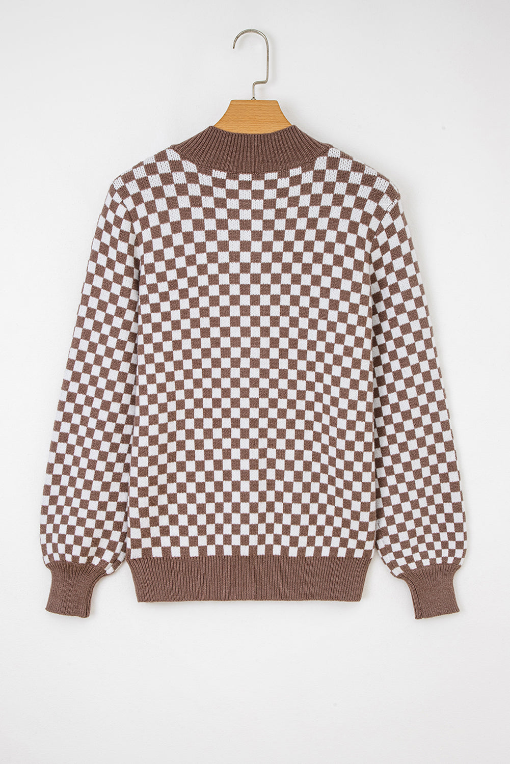 Half Button Ribbed Trim Checkerboard Knit Sweater