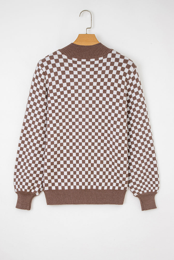 Half Button Ribbed Trim Checkerboard Knit Sweater