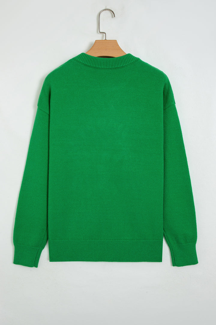 Dark Green Abstract Patch Embroidery Christmas Pullover Sweater