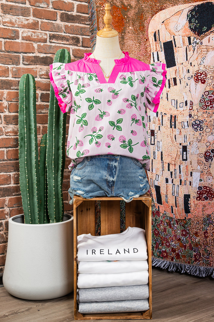 Striped Strawberry Printed Color Block Patchwork V Neck Flutter Sleeve Blouse