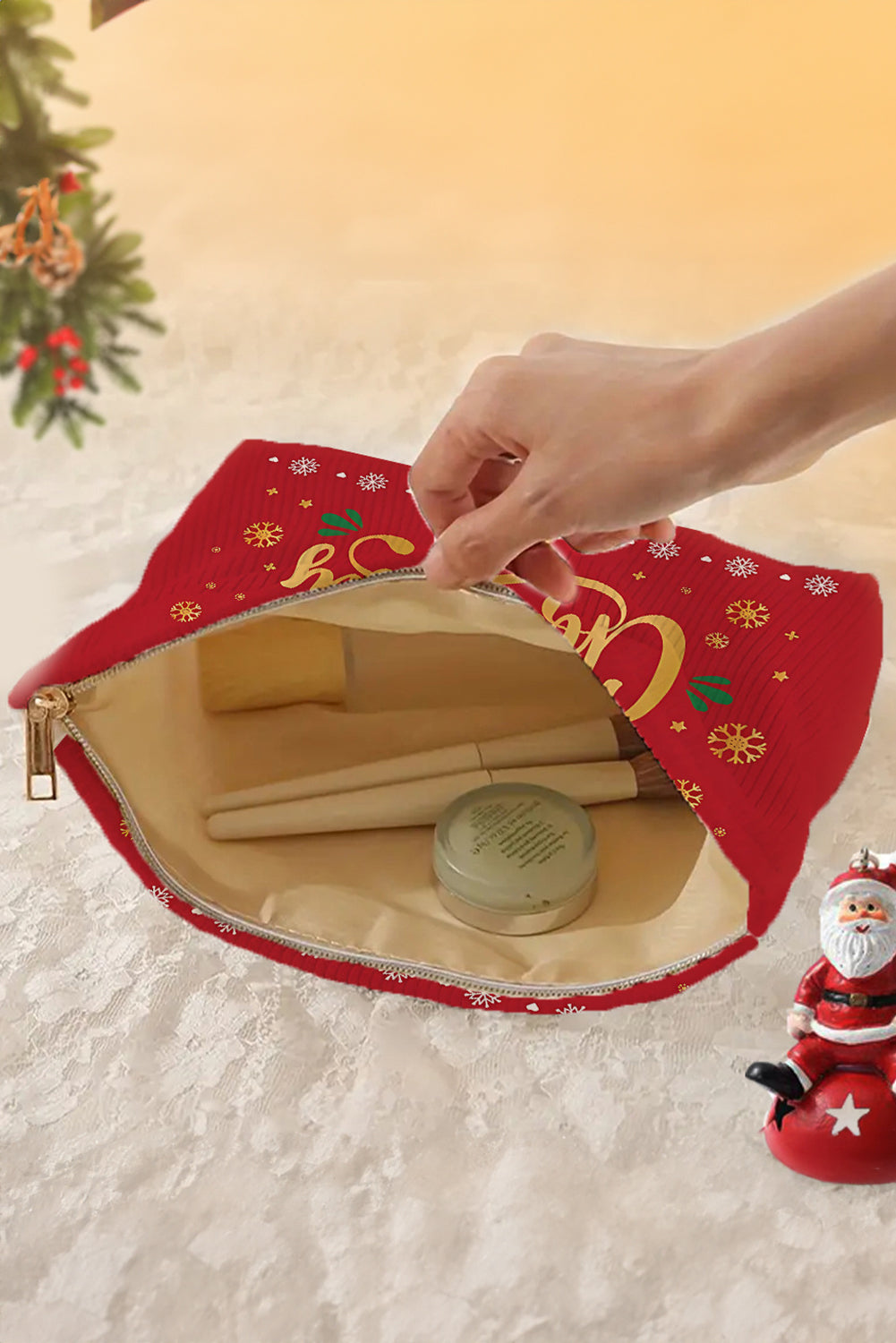 Christmas Fashion Print Corduroy Zip Up Cosmetic Bag
