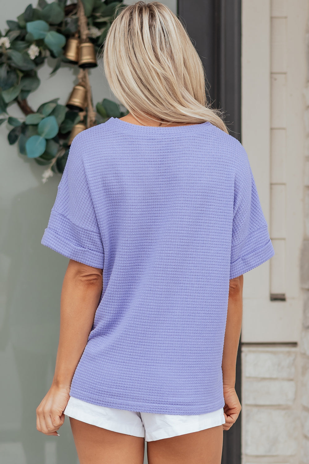 Waffle V Neck Short Sleeve Knit Top