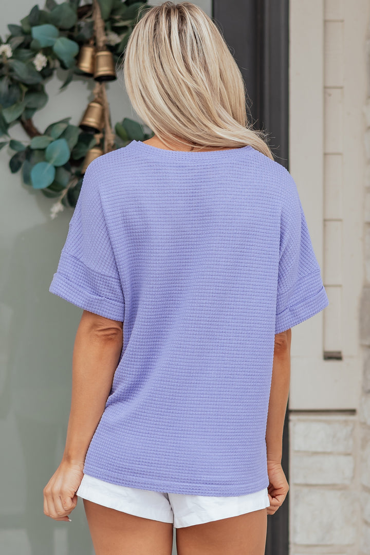 Waffle V Neck Short Sleeve Knit Top
