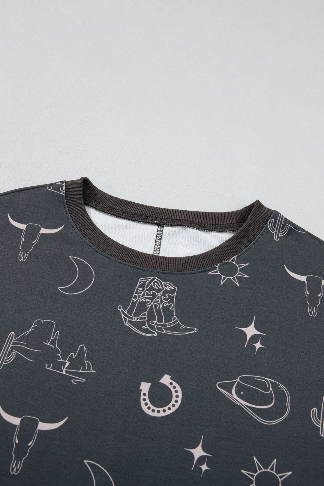 Gray Western Print Crew Neck Sweatshirt