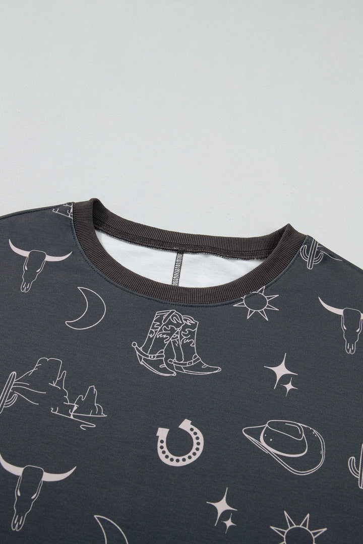 Gray Western Print Crew Neck Sweatshirt