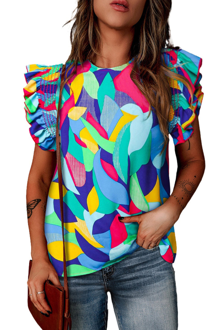 Multicolor Abstract Print Stitching Ruffle Sleeve Blouse