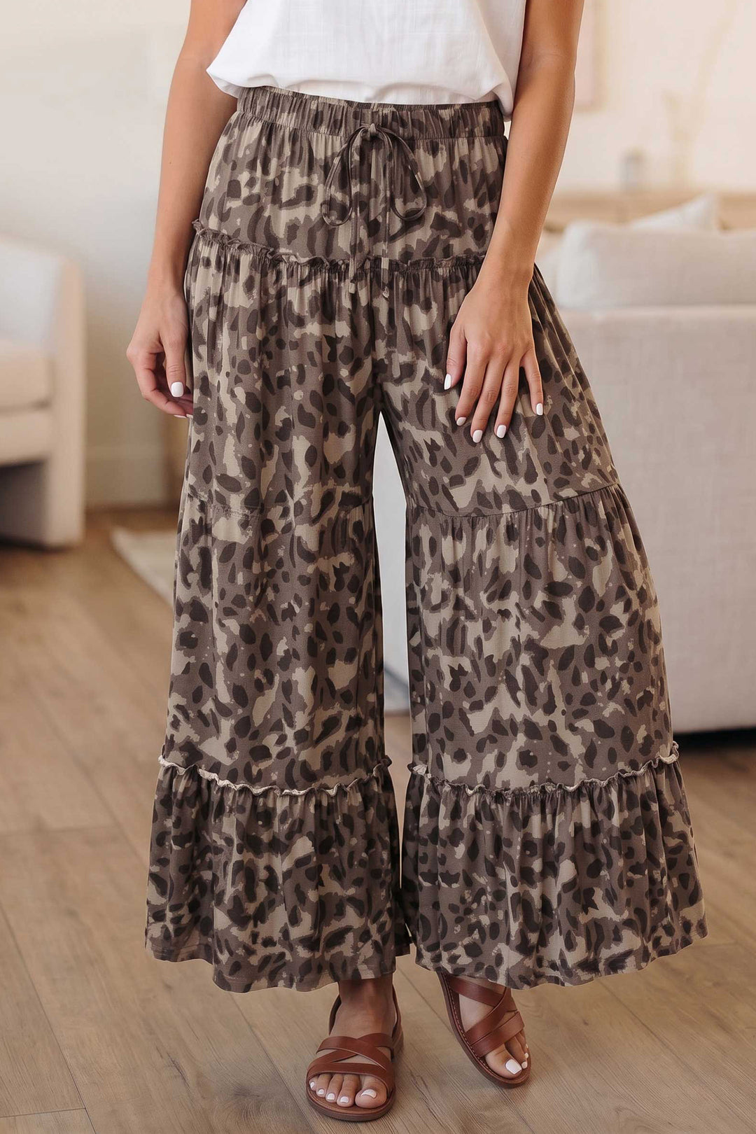 Brown Camo Print Wide Leg Casual Pants