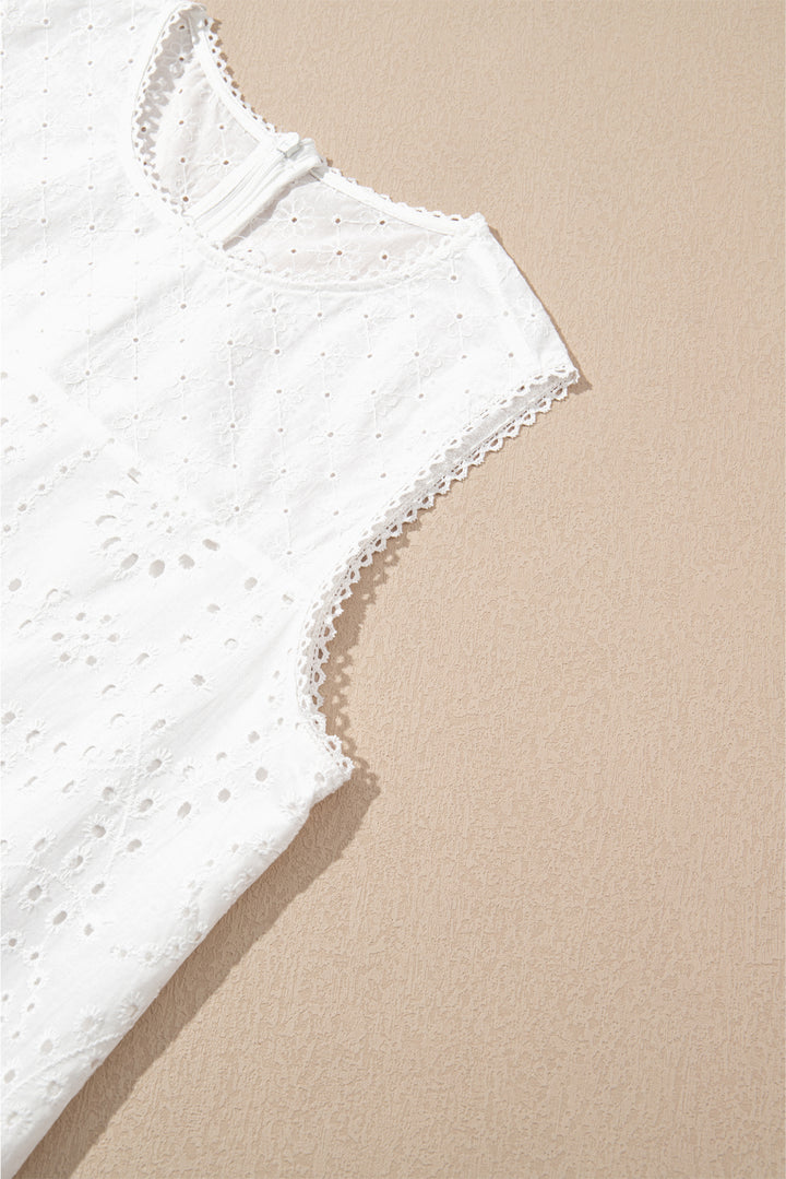 100%Cotton White Floral Eyelet Embroidered Sleeveless Shift Dress