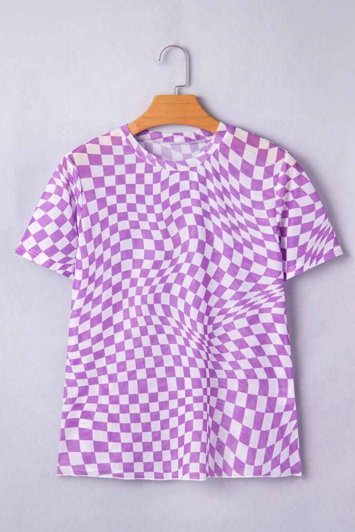 Checkered Print Crew Neck Mesh T Shirt