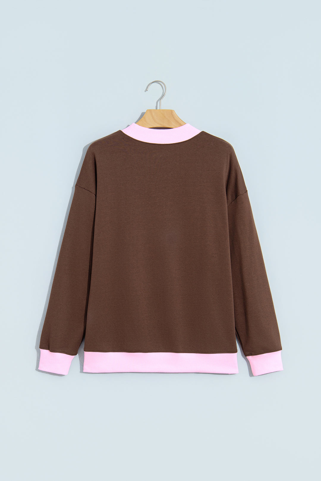 Coffee Colorblock Trim Crewneck Long Sleeve Pullover Sweatshirt