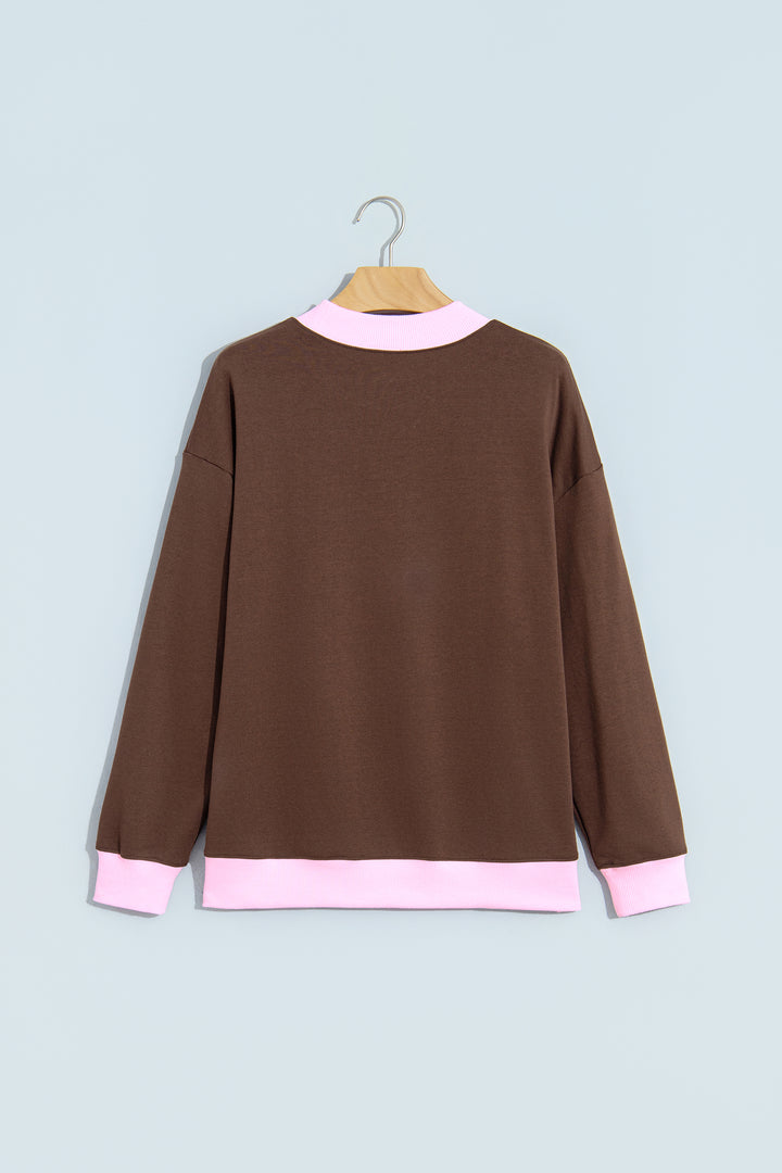 Coffee Colorblock Trim Crewneck Long Sleeve Pullover Sweatshirt