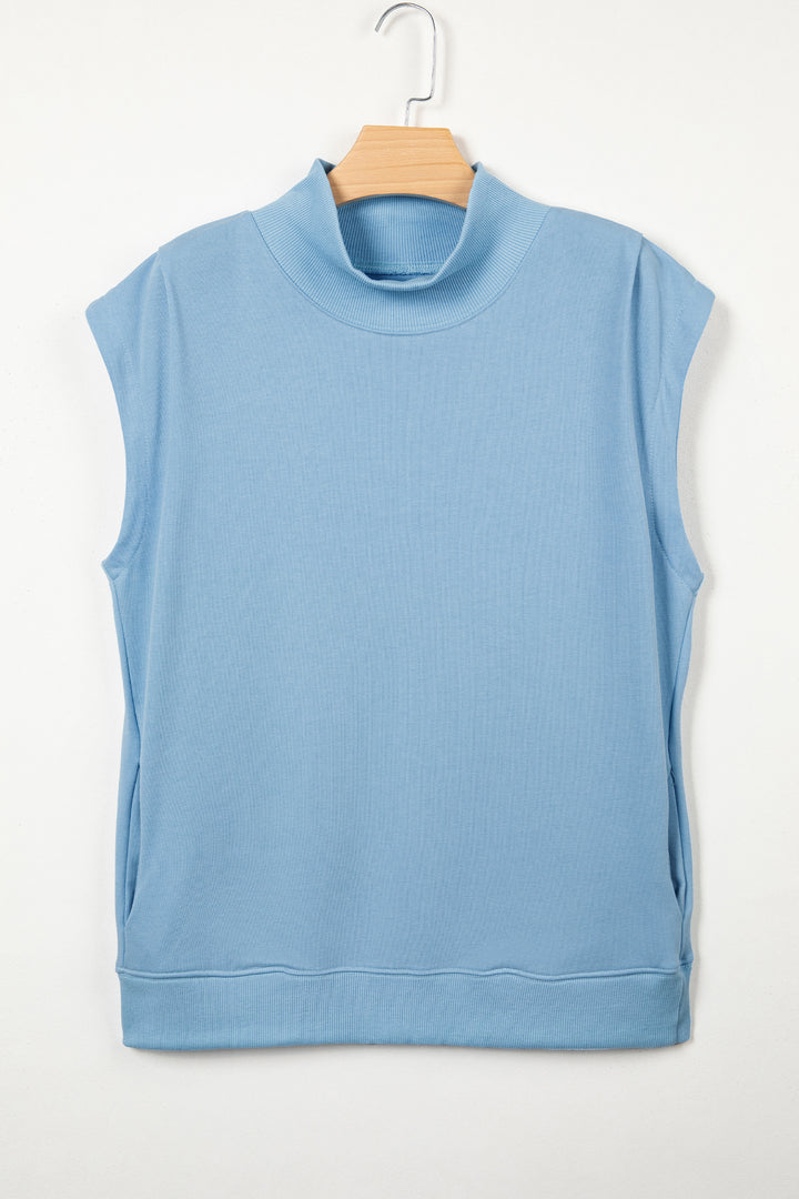 Myosotis Solid Color High Neck Cap Sleeve Loose Top