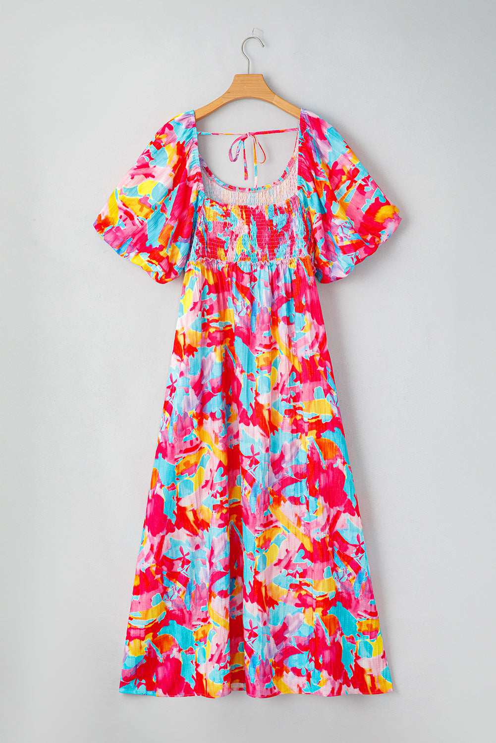Rose Abstract Printed Square Neck Smocked Bust Tied Back Plus Size Dress
