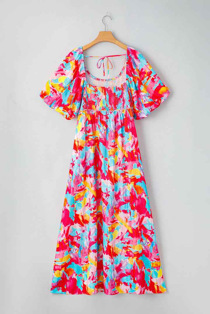 Rose Abstract Printed Square Neck Smocked Bust Tied Back Plus Size Dress