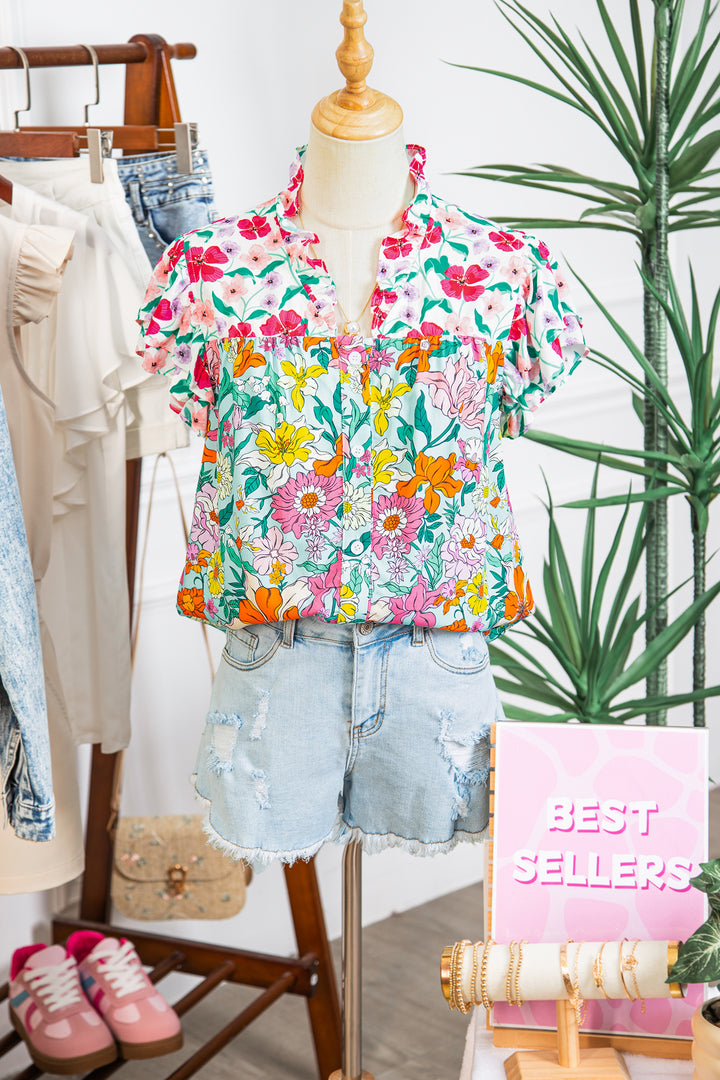 Floral Print Split Neck Button Front Flutter Sleeve Blouse