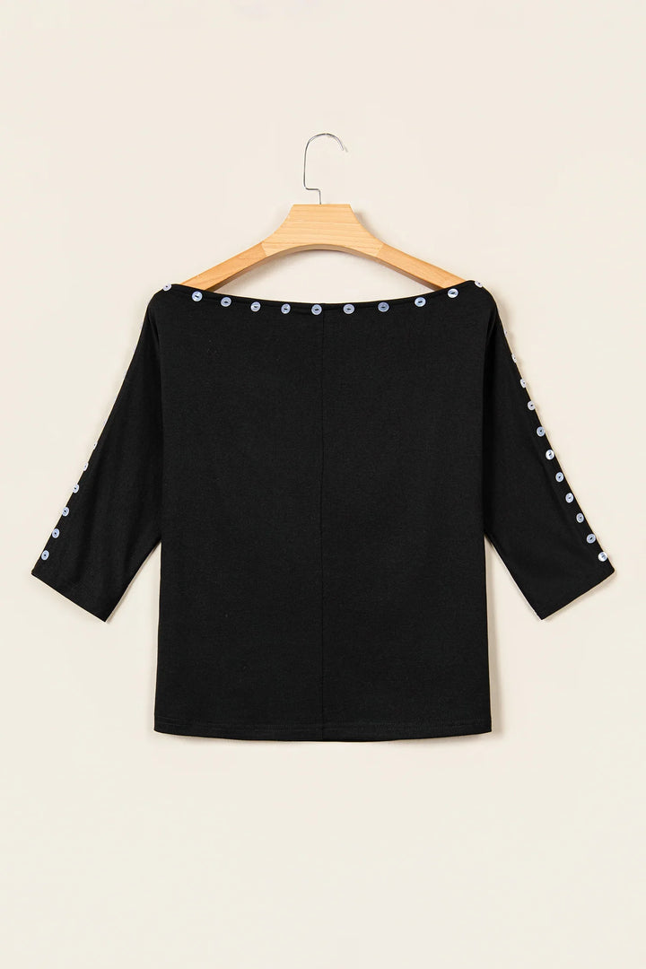 Black 3/4 Sleeve Button Detail Off Shoulder Top