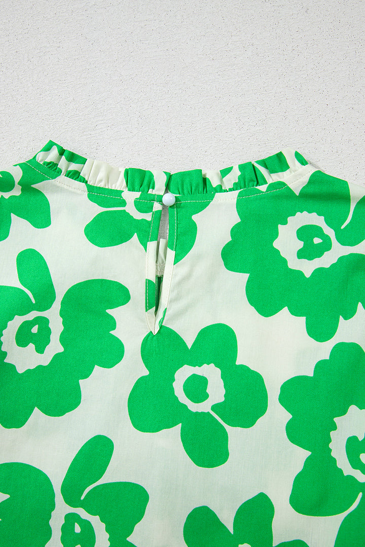 Contrast Embroidered Puff Short Sleeve Floral Blouse