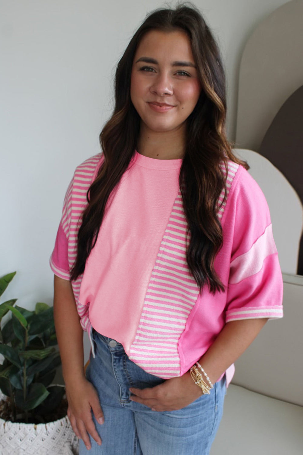 Color Block Patchwork Loose Half Sleeve T Shirt