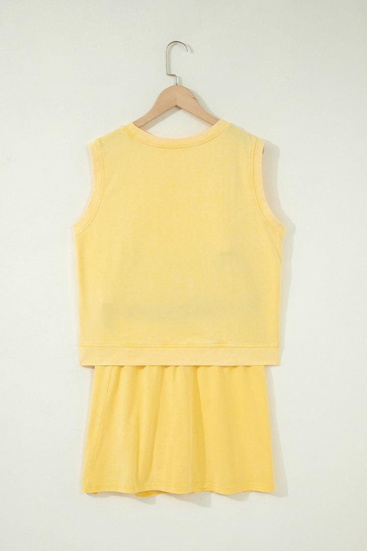 Yellow Cream Washed Sleeveless Top Split Skort Cotton 2pcs Outfit