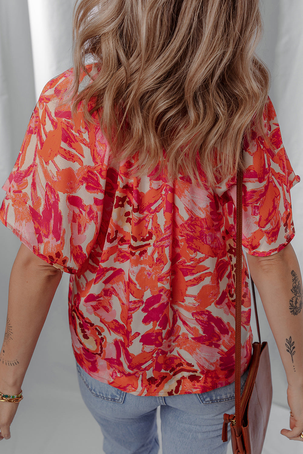 abstract print striped trim split neck blouse