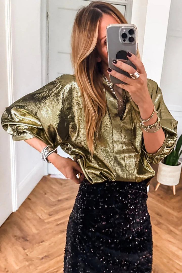 Metallic Split Neck Half Sleeve Blouse