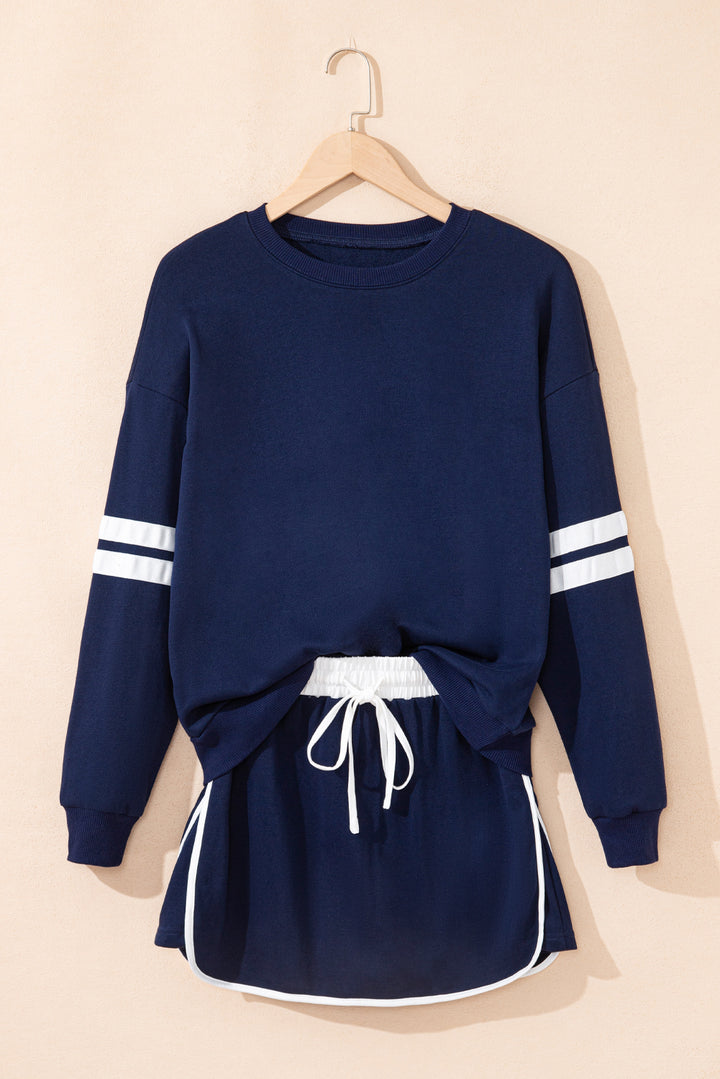 Navy Blue Varsity Stripe Detail Pullover Mini Skort Set