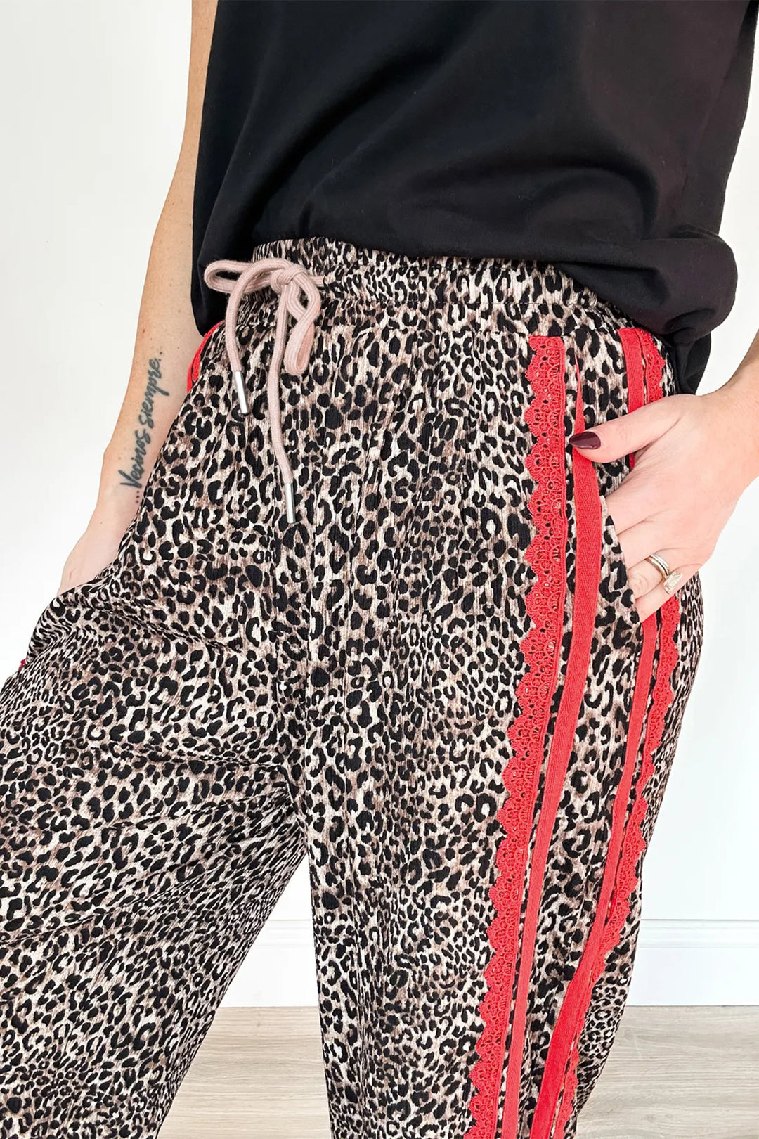 Brown Wild Leopard Print Contrast Lace Striped Detail Drawstring Pants
