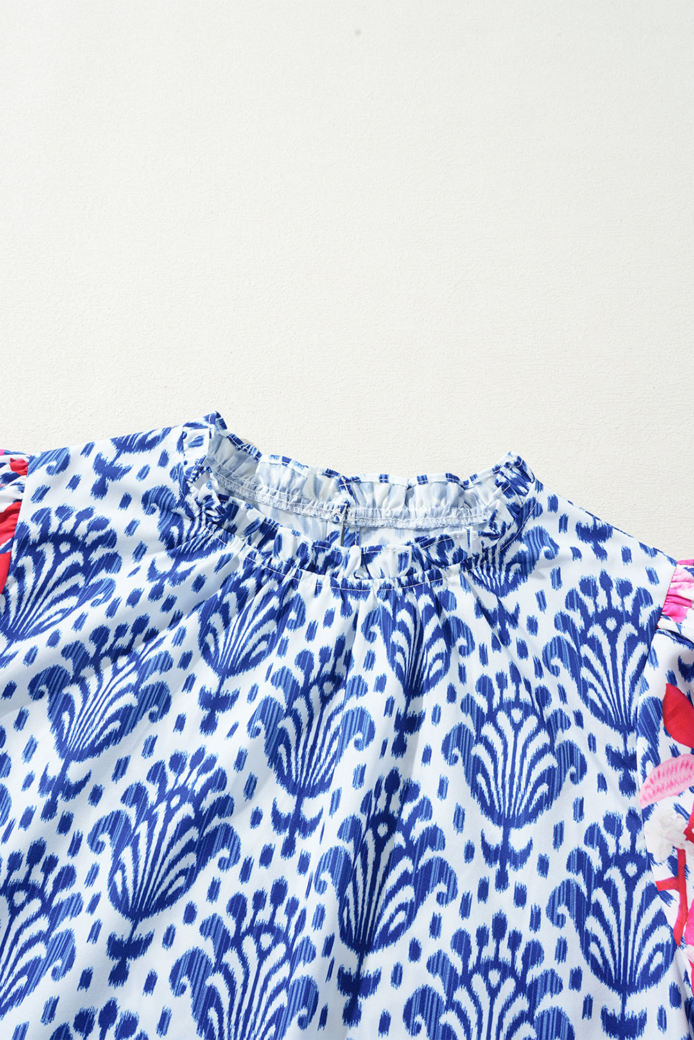 Western Fashion Print Floral Puff Sleeve Frilled Neck Blouse