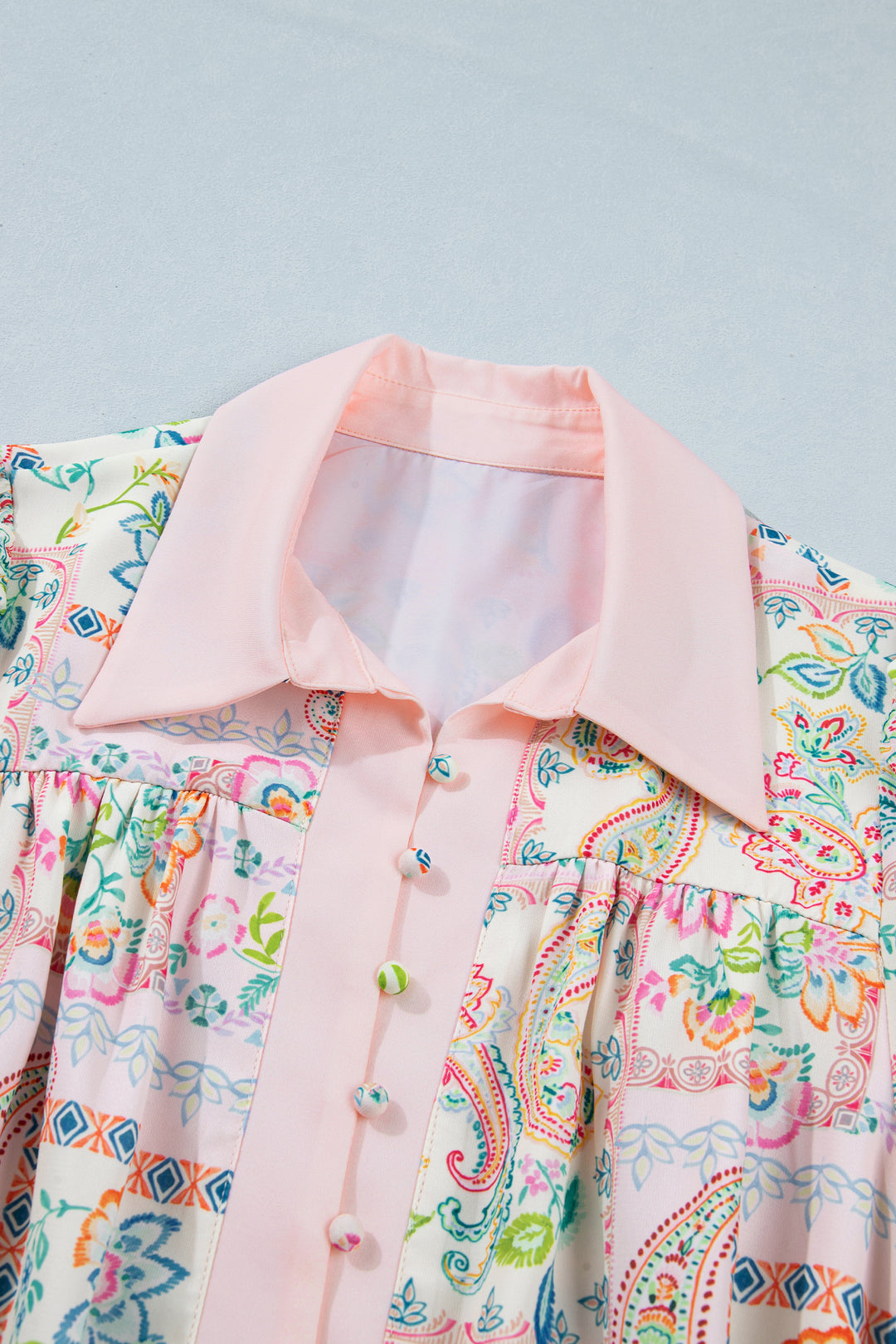 Pink Boho Floral Print Color Block Trim Half Button Belted Mini Dress