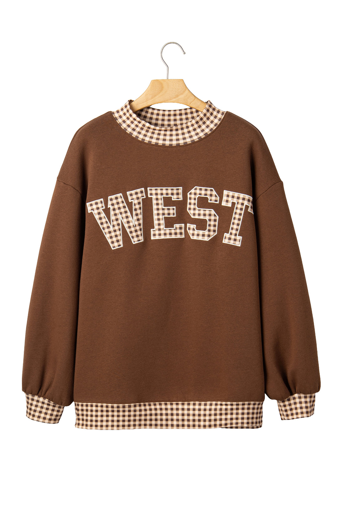 Chicory Coffee Plaid Trim High Neck WEST Letter Graphic Baggy Sweatshirt