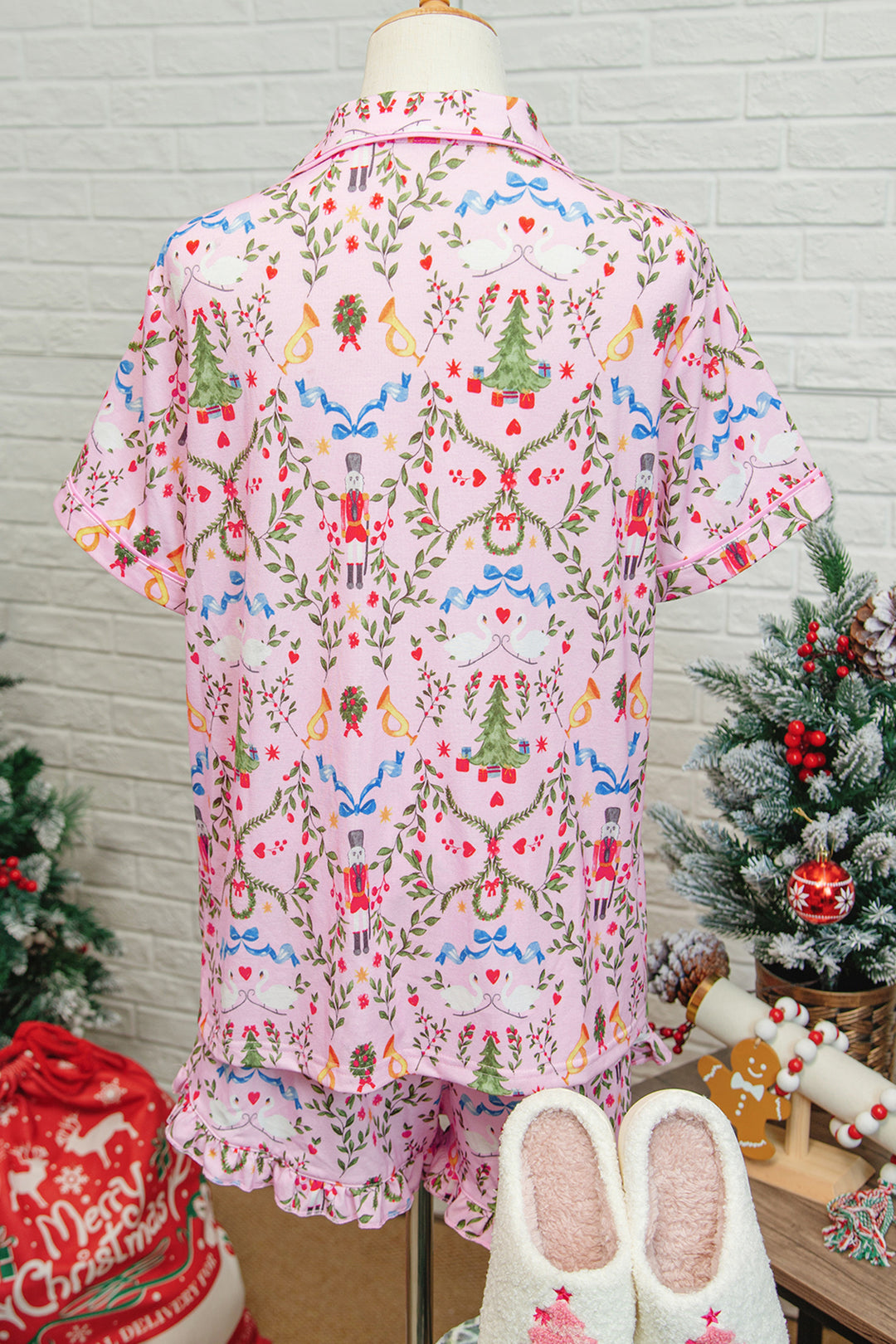 Pink Nutcracker Doll Christmas Print Ribbon Tie Waist Short 2pcs Pajama Set