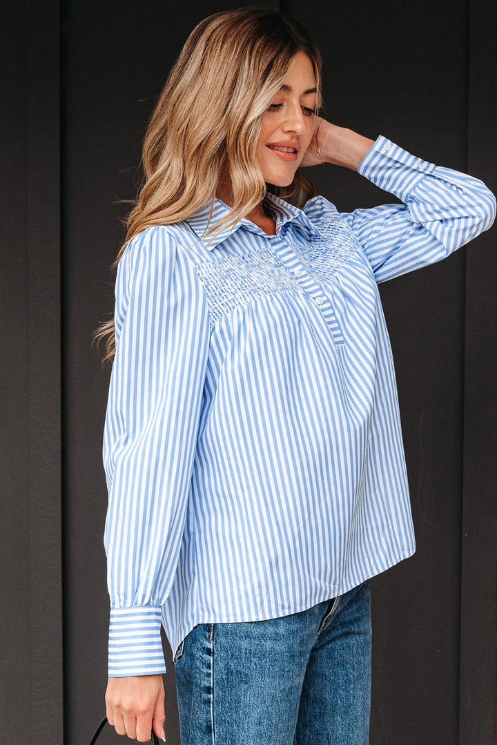 Shirred Detail Half Placket Collared Long Sleeve Fall Shirt
