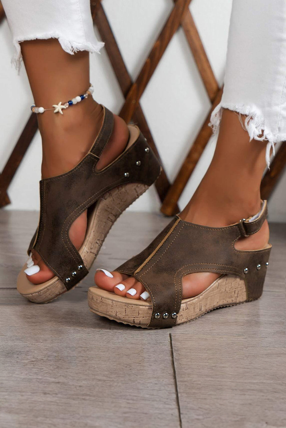 Suede Patched Studded Cut Out Wedge Sandals