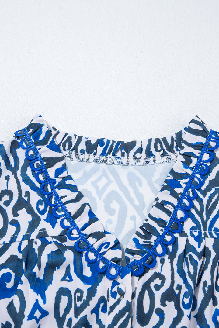 Blue Bohemian Print Embroidered V Neckline Detail Long Sleeve Shirt