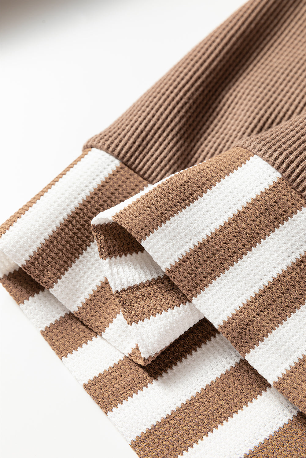 Straw Yellow Waffle Texture Striped Patchwork Button Neck Drawstring Hoodie