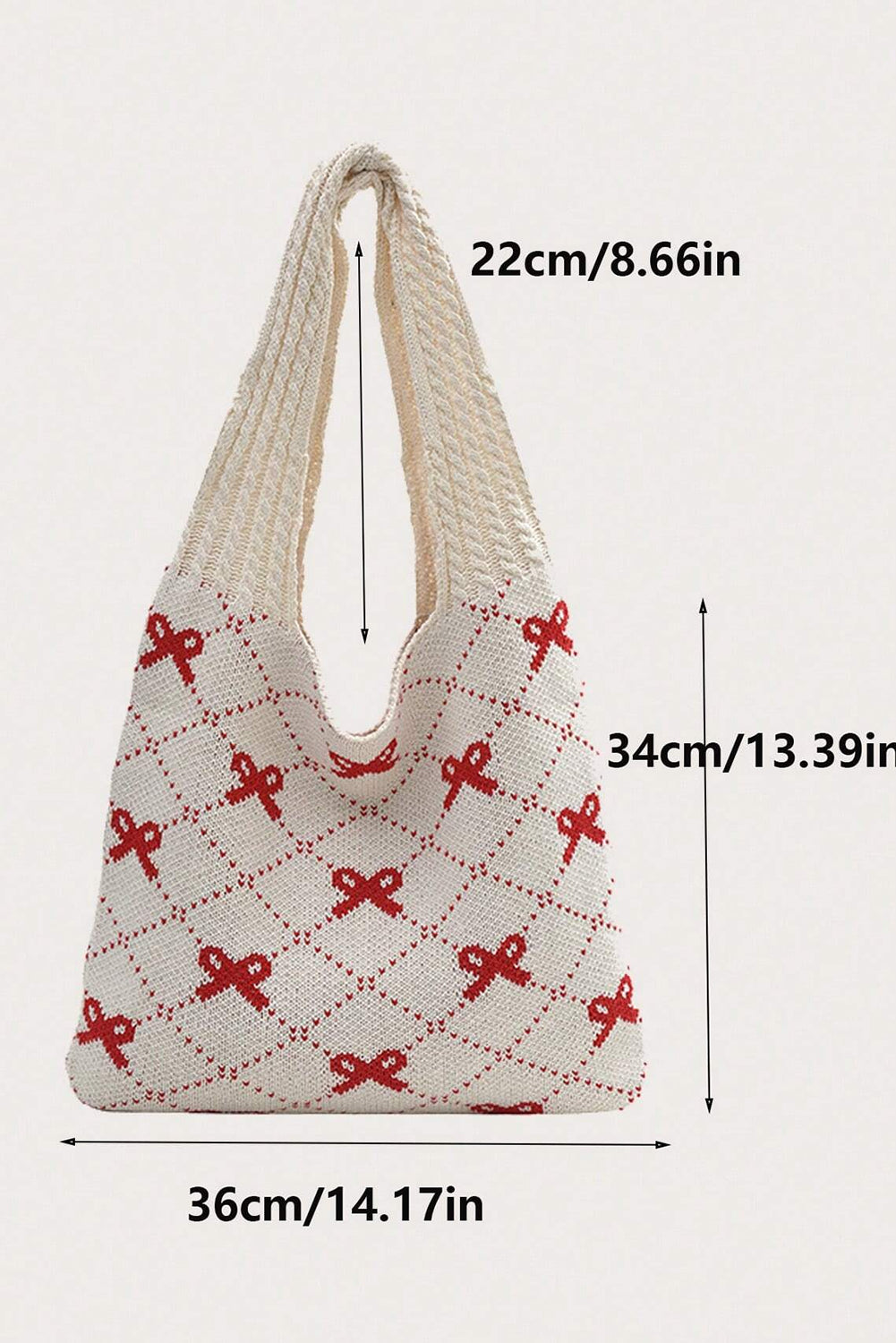 Bow Argyle Pattern Cable Knit Handle Tote Bag