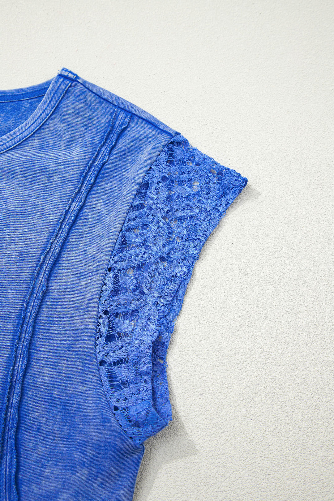 Sky Blue Mineral Wash Raw Seam Lace Sleeve Cotton Tee