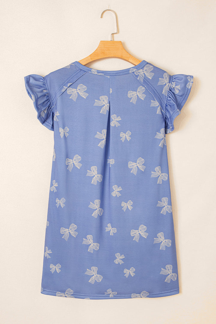 bow knot print crewneck ruffled sleeve shift mini dress