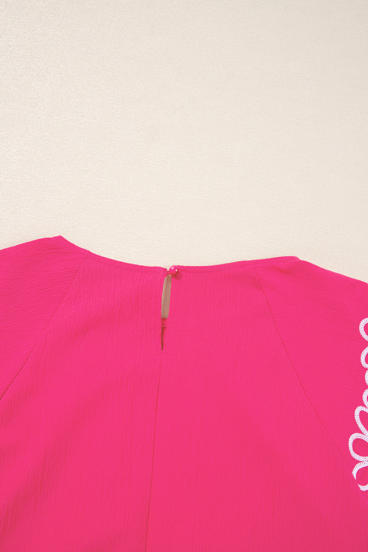 Strawberry Pink Floral Embroidered Flutter Sleeve Pleated O Neck Plus Size Blouse