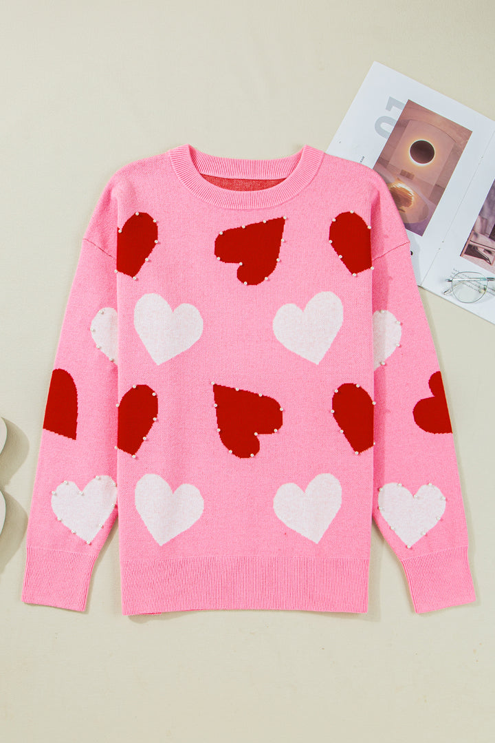 Pearl Embellished Heart Pattern Valentines Day Sweater