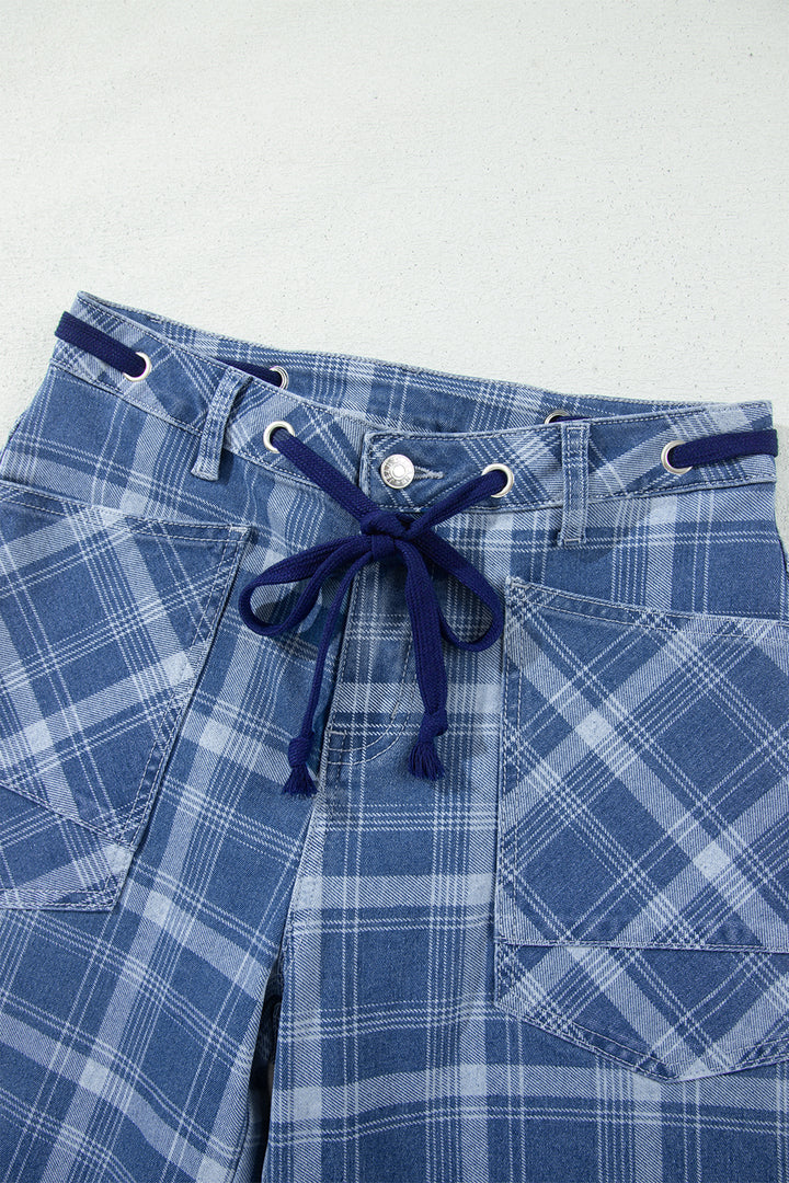 Sky Blue Plaid Denim Grommet Drawstring Waist Ankle-Length Jeans