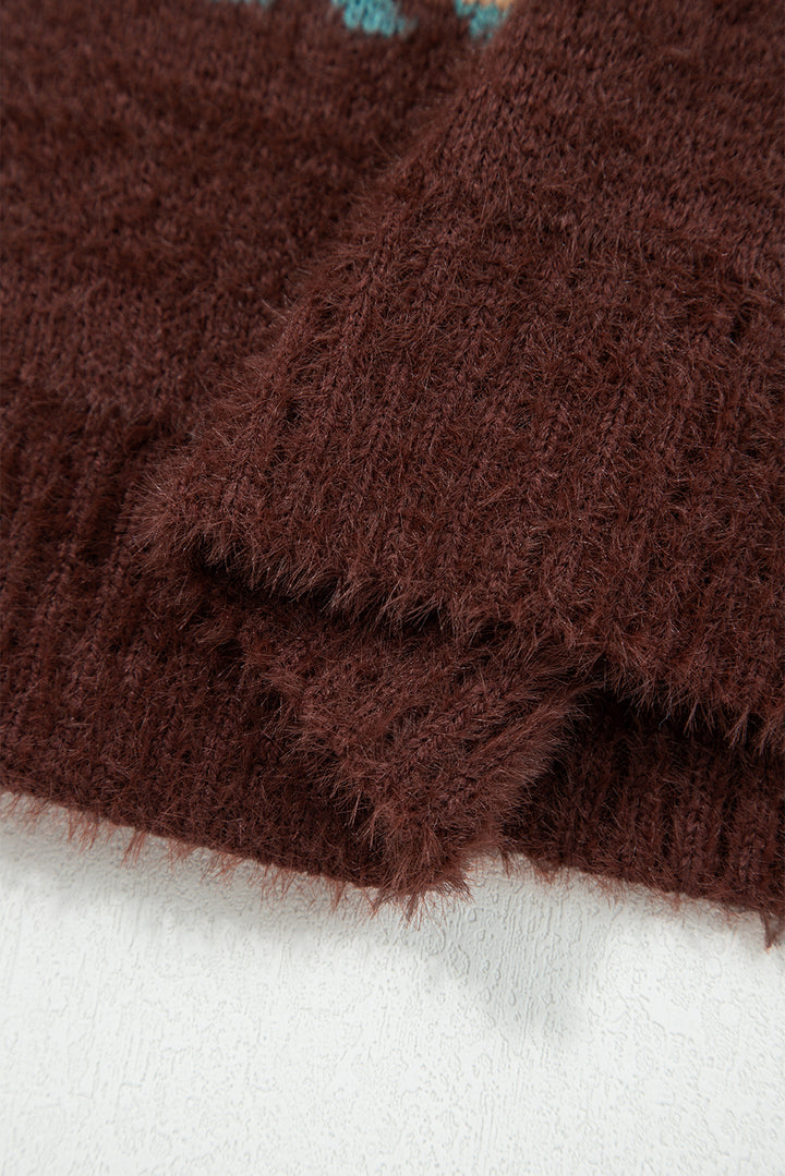 Ethnic Pattern Mohair Knitted Drop Shoulder Sweater