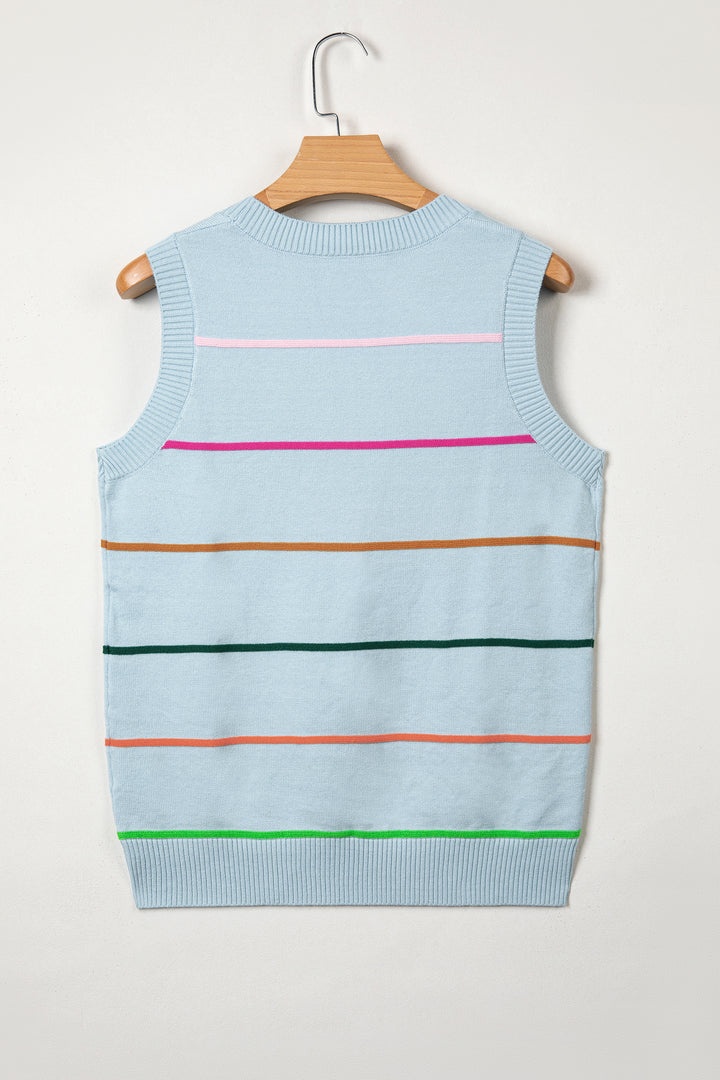 Sky Blue Stripe Round Neck Knitted Sweater Tank