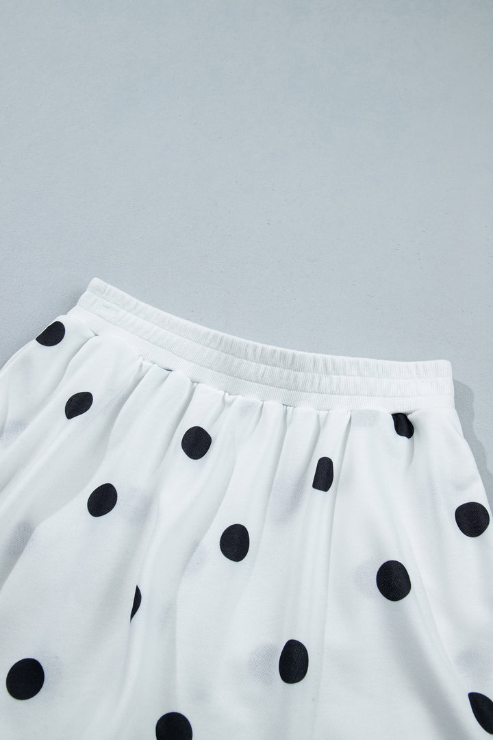 Beige Polka Dot Raw Hem Relaxed Pullover Loose Skort Two Piece Set