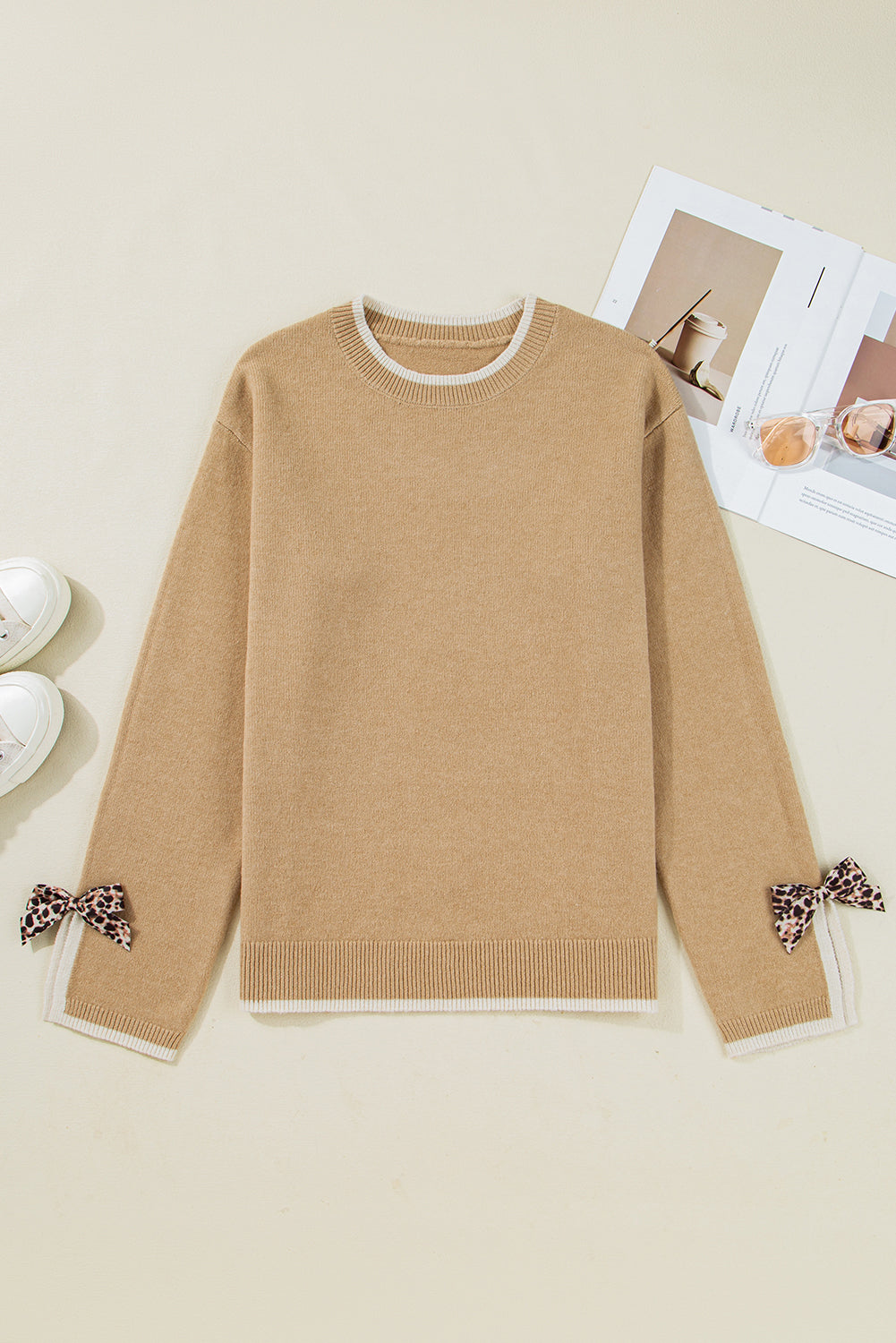 Leopard Bow Decor Split Cuff Contrast Trim Sweater