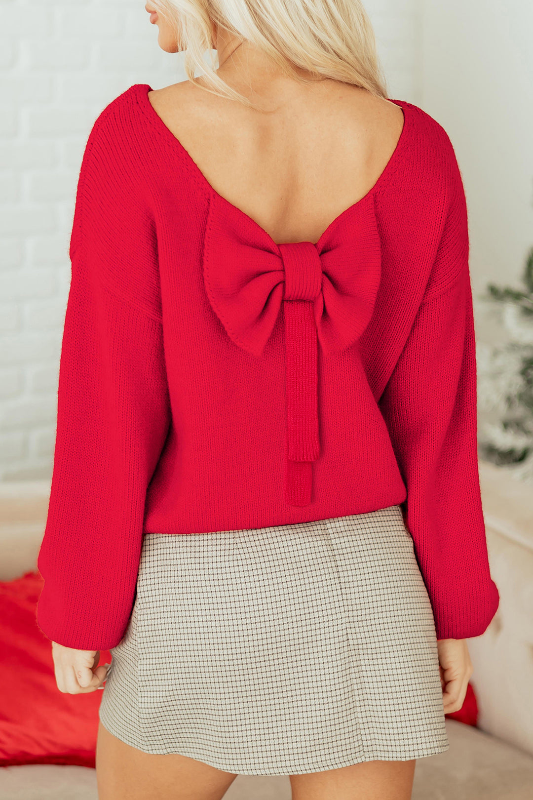 Festive Bow Backless Bubble Sleeve Sweater
