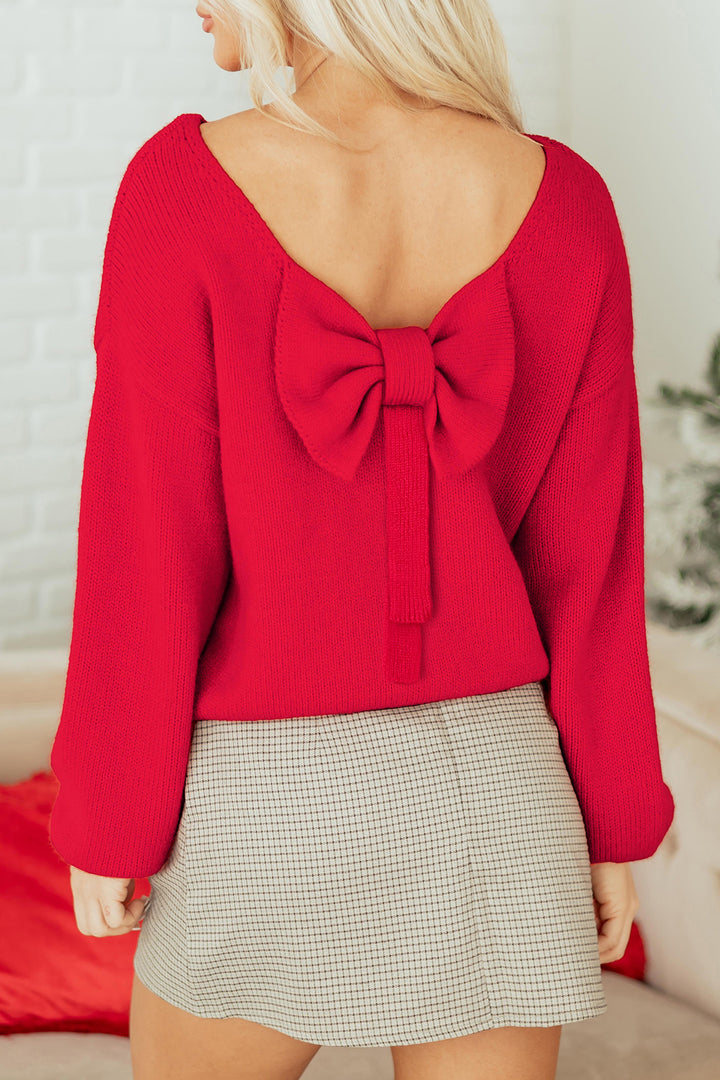 Festive Bow Backless Bubble Sleeve Sweater