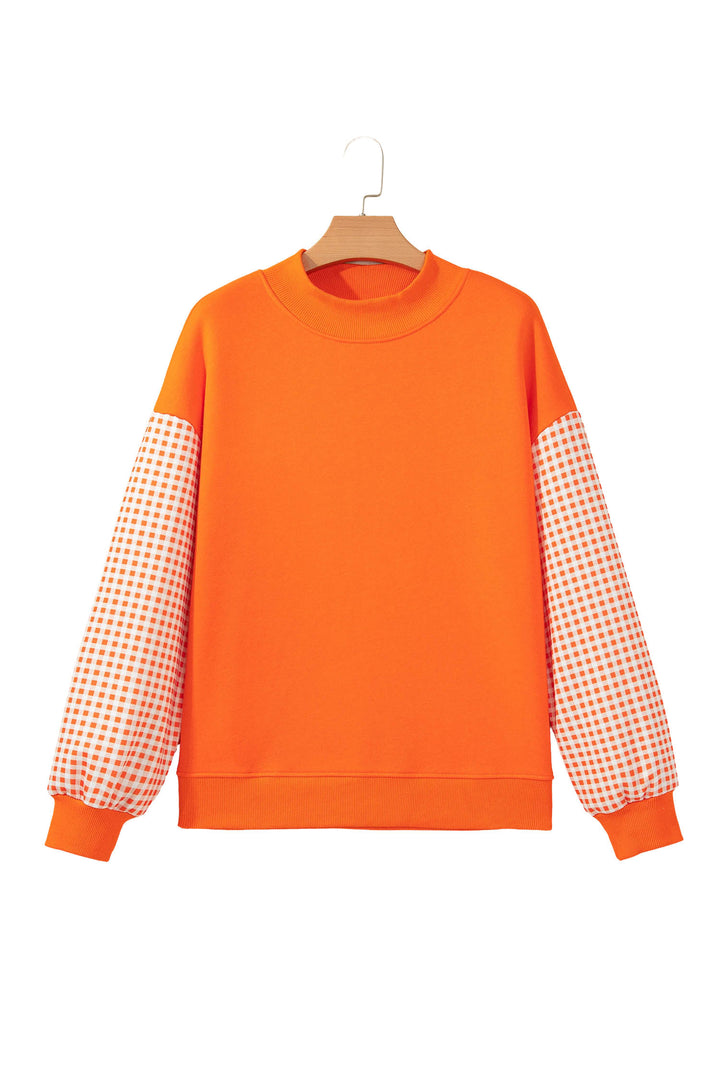 Russet Orange Plaid Sleeve Colorblock Loose Tunic Sweatshirt