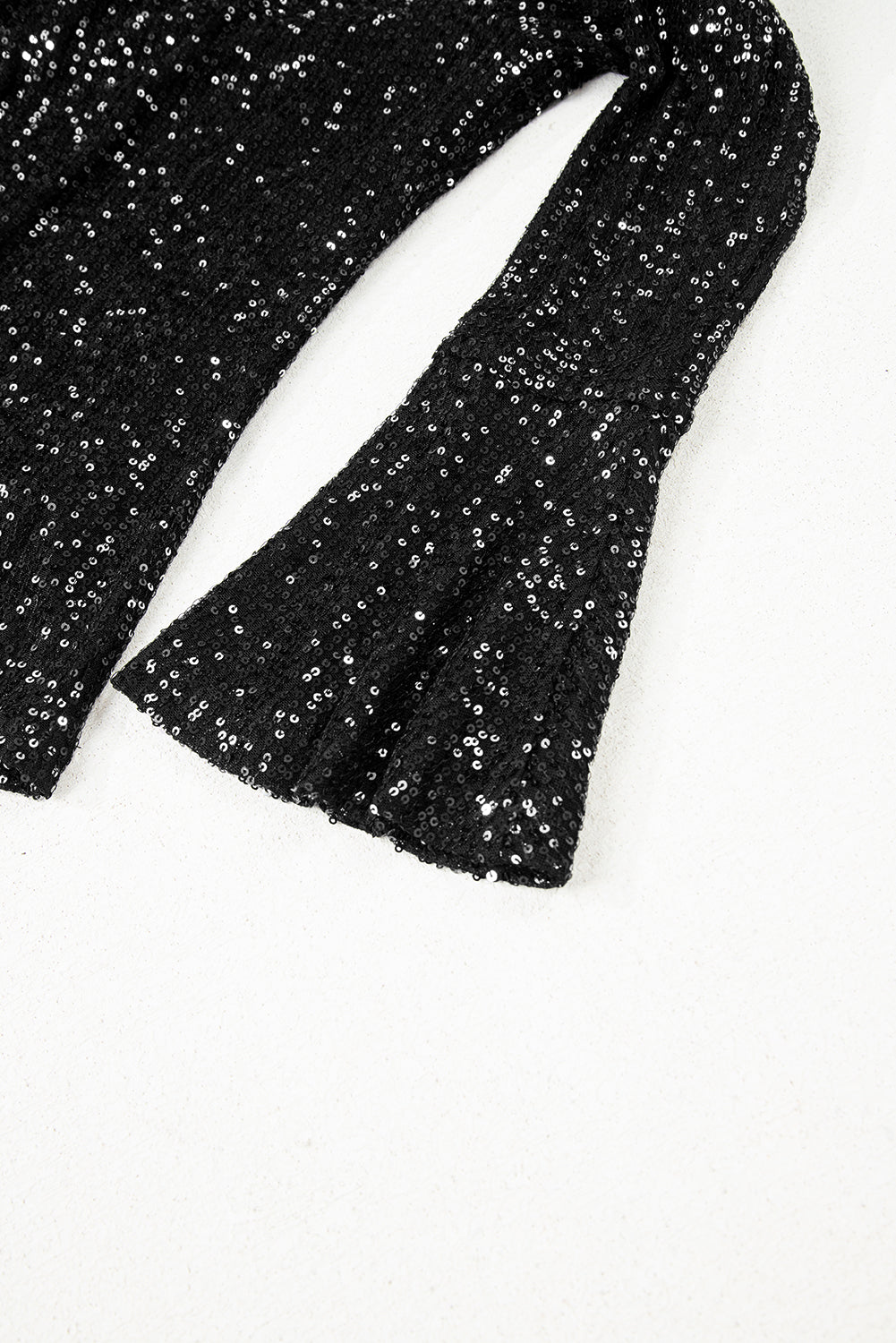 Black Sequin Mock Neck Drape Open Back Bell Sleeve Top