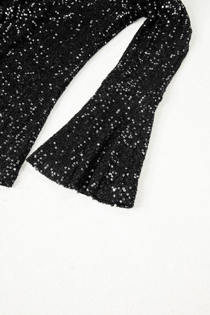 Black Sequin Mock Neck Drape Open Back Bell Sleeve Top